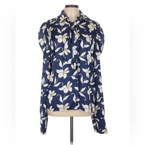 Elegant Navy Floral Blouse with Bow Detail